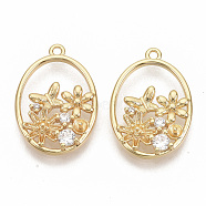 Brass Micro Pave Clear Cubic Zirconia Peg Bails Pendants, for Half Drilled Beads, Nickel Free, Real 18K Gold Plated, Oval with Flower & Butterfly, 21x14.5x3mm, Hole: 1.2mm, Pin: 0.8mm(X-KK-T051-03G-NF)