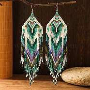 Bohemian Style Mint Green Geometric Glass Seed Beaded Tassel Earrings, Green, 160x42mm(KD2972)