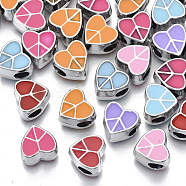 UV Plating Acrylic European Beads, with Enamel, Large Hole Beads, Mixed Color, Heart, Platinum, 12x13x8.5mm, Hole: 5mm(OACR-N010-011P)