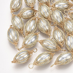 ABS Plastic Imitation Pearl Pendants, Wire Wrapped Pendants, with Brass Wires, Oval, Real 18K Gold Plated, Gray, 26.5x10.5x11mm, Hole: 2.5mm(KK-S348-381)