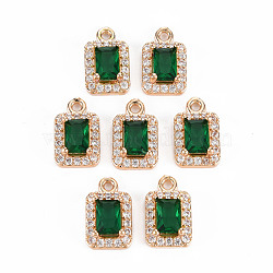 Rack Plating Brass Micro Pave Clear Cubic Zirconia Charms, with Faceted Glass, Long-Lasting Plated, Cadmium Free & Lead Free, Rectangle, Green, 13x8x4.5mm, Hole: 1.4mm(KK-T060-13-RS)
