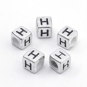 Plated Acrylic Beads, Horizontal Hole, Cube with Letter, Antique Silver, Letter.H, 6mm, Hole: 3mm, about 3000pcs/500g