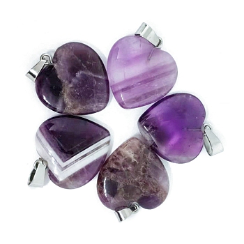 Valentine's Day Natural Amethyst Pendants, Heart Charms with Platinum Plated Metal Snap on Bails, 20mm