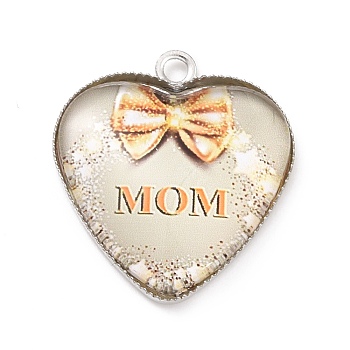 Mother's Day Alloy Pendants, with Glass, Platinum, Heart Charm with Word Mom, Light Grey, 23x20.5x4mm, Hole: 2mm