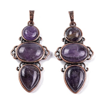 Natural Amethyst Pendants, Rack Plating Brass Flower Charms, Cadmium Free & Lead Free, Red Copper, 47x24x6.5mm, Hole: 7.5x5mm