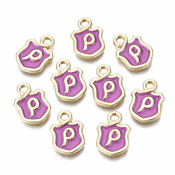 Alloy Enamel Charms, Cadmium Free & Lead Free, Shield with Initial Letters, Light Gold, Letter.P, 14x10x2mm, Hole: 2mm