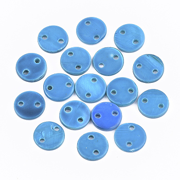 Spray Paint Freshwater Shell Links connectors, Flat Round, Sky Blue, 10x2mm, Hole: 1.4mm