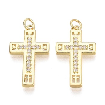 Religion Brass Micro Pave Clear Cubic Zirconia Pendants, Cross Charms, Real 16K Gold Plated, 26.5x15x3mm, Hole: 3mm, Jump Ring: 5x0.8mm, 3mm inner diameter