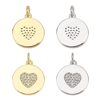 4Pcs 2 Colors Eco-Friendly Brass Micro Pave Cubic Zirconia Pendants, with Jump Ring, Long-Lasting Plated, Flat Rounnd with Heart Pattren, Mixed Color, 15.7x13.7x1.7mm, 2pcs/color