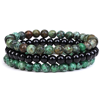 3Pcs 3 Style Natural African Turquoise(Jasper) & Black Agate Round Beaded Stretch Bracelets Set, Gemstone Stackable Bracelets for Woman, Wide: 6mm, 7-1/4~7-1/2 inch(18.5~19cm), 1Pc/style