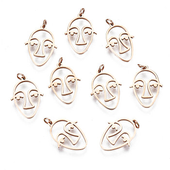 304 Stainless Steel Charms, Laser Cut, with Jump Ring, Abstract Face, Rose Gold, 13.5x10x1mm, Jump Ring: 3x0.4mm, 2.2mm inner diameter