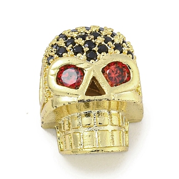 Brass Micro Pave Red Cubic Zirconia Beads, Skull, Real 18K Gold Plated, 12x9.5x7mm, Hole: 2.6mm