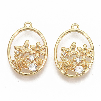 Brass Micro Pave Clear Cubic Zirconia Peg Bails Pendants, for Half Drilled Beads, Nickel Free, Real 18K Gold Plated, Oval with Flower & Butterfly, 21x14.5x3mm, Hole: 1.2mm, Pin: 0.8mm