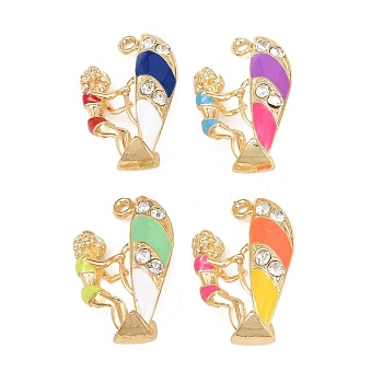 Alloy Enamel Rhinestone Pendants, Rack Plating, Surfer Girl Charms, Cadmium Free & Nickel Free & Lead Free, Golden, Mixed Color, 30x18.5x14.5mm, Hole: 2mm