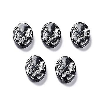 Black Opaque Acrylic Beads, Metal Enlaced, Oval with Insect Pattern, Silver, 17.5x13x5.5mm, Hole: 1.6mm