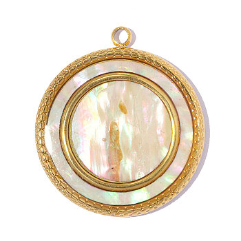 304 Stainless Steel & Natural Shell Pendants, Flat Round Charm, Ion Plating(IP), Long-Lasting Plated, Real 18K Gold Plated, Colorful, 26x23mm