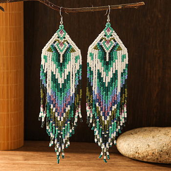 Bohemian Style Mint Green Geometric Glass Seed Beaded Tassel Earrings, Green, 160x42mm