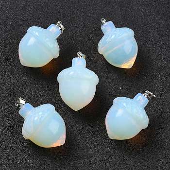 Opalite Pendants, with Rack Plating Brass Findings, Cadmium Free & Lead Free, Real Platinum Plated, Acorns, 29x20~21mm, Clasp: 5x4mm