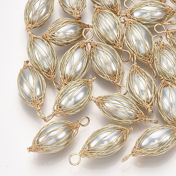 ABS Plastic Imitation Pearl Pendants, Wire Wrapped Pendants, with Brass Wires, Oval, Real 18K Gold Plated, Gray, 26.5x10.5x11mm, Hole: 2.5mm