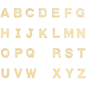 304 Stainless Steel Charms, Alphabet, Golden, Letter A~Z, 11x6~12x0.8mm, Hole: 1mm, 2pcs/letter, 52pcs/box