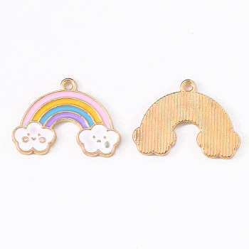 Alloy Enamel Pendants, Rainbow with Cloud Smiling Face, Light Gold, Colorful, 18x24.5x1.5mm, Hole: 1.6mm