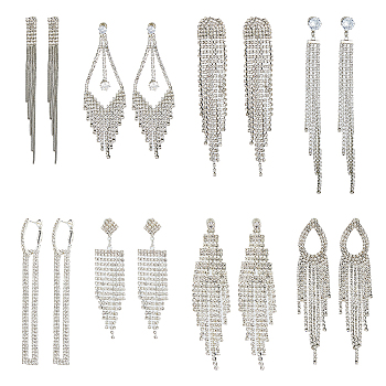 8 Pairs 8 Style Crystal Rhinestone Dangle Stud Earrings, Brass Chain Tassel Earrings with Sterling Silver Pins for Women, Platinum, 75~115mm, Pin: 0.6~0.7mm, 1 pair/style
