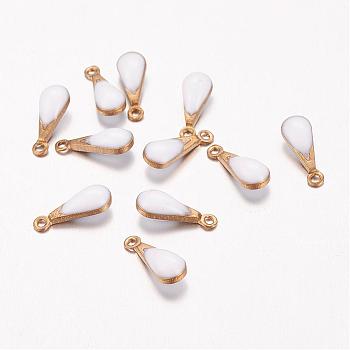 Antique Golden Plated Brass Enamel Teardrop Charms, Enamelled Sequins, White, 11x4x3mm, Hole: 1mm
