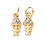 Brass Micro Pave Clear Cubic Zirconia Pendants, Fishbone Charms, Long-Lasting Plated, Rack Plating, Lead Free & Cadmium Free, Real 18K Gold Plated, 13x5.5x2mm, Hole: 3.5mm(CU-H002-08G-02)
