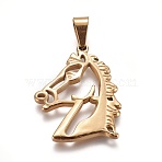 304 Stainless Steel Pendants, Cut-Out, Horse Head, Golden, 33x27x3mm, Hole: 5x8mm(STAS-F223-19G)