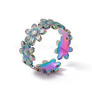 Ion Plating(IP) 304 Stainless Steel Ring Flower Wrap Open Cuff Ring for Women, Rainbow Color, US Size 6 1/2(16.9mm)(RJEW-C045-17M)