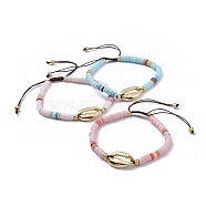 Nylon Thread Braided Beads Bracelets, with Polymer Clay Heishi Beads, Glass Seed Beads and Alloy Pendants, Cowrie Shell, Mixed Color, 2-1/8 inch(5.3cm)(BJEW-JB04554-M)