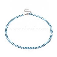 Enamel Wheat Link Chain Necklace, 304 Stainless Steel Jewelry for Women, Stainless Steel Color, Deep Sky Blue, 16.5 inch(41.8cm)(NJEW-P220-02P-06)