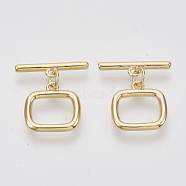 Brass Toggle Clasps, Rectangle Ring, Nickel Free, Real 18K Gold Plated, 21mm Long, Bar: 19x5x1.5mm, Hole: 1.6mm, Ring: 14x14x1.5mm, Hole: 1.6mm, Jump Ring: 5x3x1mm(KK-N216-42)