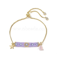 Handmade Japanese Seed Rectangle & Star & Tassel Charms Slider Bracelet, Golden 304 Stainless Steel Jewelry for Women, Lilac, 10-5/8 inch(27cm)(BJEW-MZ00013-03)