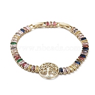 Tree of Life Brass Link Bracelet with Colorful Cubic Zirconia Tennis Chains, Long-Lasting Plated, Golden, 6-7/8 inch(17.5cm)(BJEW-G690-02G)