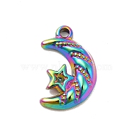 Ion Plating(IP) 304 Stainless Steel Pendant Rhinestone Settings, Moon with Star, Rainbow Color, Fit For 1.2mm Rhinestone, 16x10.5x3mm, Hole: 1.2mm(STAS-F282-02MC)