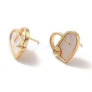 Brass with Natural Shell Stud Earring Findings, Earring Settings for Half Drilled Beads, Heart, Golden, Tray: 4mm, 15x18mm, Pin: 11x0.7mm and 1mm(KK-P253-02B-G)