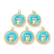 Rack Plating Brass Micro Pave Cubic Zirconia Hand Pendants, Synthetic Opal Flat Round Charms with Jump Ring, Cadmium Free & Lead Free, Long-Lasting Plated, Real 18K Gold Plated, Cyan, 21.5x19x4mm, Hole: 3.4mm(KK-C041-21G)