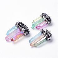 Natural Quartz Crystal Pointed Pendants, with Brass Polymer Clay Rhinestone, Bullet, Mixed Color, 44~51x28~35x13~15mm, Hole: 2mm(G-K181-A)
