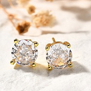 Flat Round Brass Micro Pave Clear Cubic Zirconia Stud Earrings, Cadmium Free & Lead Free, Long-Lasting Plated, Golden, 7x7mm(EJEW-R018-08G)