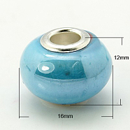 Handmade Porcelain European Beads, Large Hole Beads, with Nickel Color Brass Double Cores, Rondelle, Sky Blue, 16x12mm, Hole: 5mm(X-PORC-H009-8)