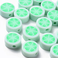Handmade Polymer Clay Beads, Flat Round with Flower, Aquamarine, 9~10x4~5mm, Hole: 1.4mm(CLAY-T020-14A)