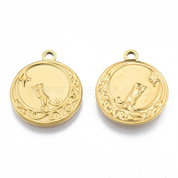 Ion Plating(IP) 201 Stainless Steel Pendants, Flat Round with Cat, Real 18K Gold Plated, 24x20.5x2mm, Hole: 2mm(STAS-N098-188LG)