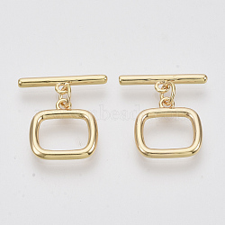 Brass Toggle Clasps, Rectangle Ring, Nickel Free, Real 18K Gold Plated, 21mm Long, Bar: 19x5x2mm, Hole: 1.6mm, Ring: 14x14x2mm, Hole: 1.6mm, Jump Ring: 5x3x1mm(KK-N216-42)