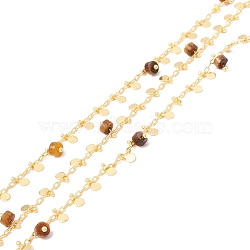 Natural Tiger Eye Column Beaded Chains, with Brass Paperclip Chains and Flat Round Charm, Soldered, with Spool, Lead Free & Cadmium Free, Golden, 2x1x0.5mm, 5.5x3x1mm(CHC-K012-01G-01)