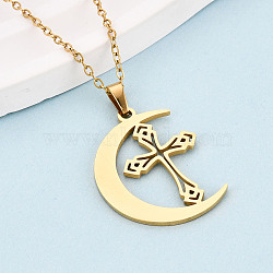 304 Stainless Steel Pendant Necklaces, Moon with Cross, Ion Plating(IP), Real 18K Gold Plated, 17.72~18.11 inch(45~46cm)(NJEW-T018-52G)
