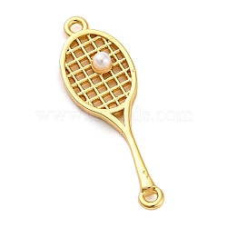 Brass Connector Charms, with Plastic Imitation Pearl Beads, Racket, Golden, 24x7.5x3mm, Hole: 1mm(KK-P288-02G)