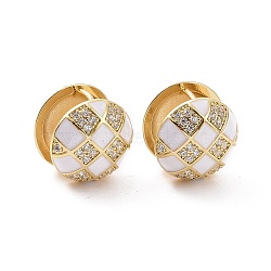 Clear Cubic Zirconia Tartan Pattern Ball Huggie Hoop Earrings with Enamel, Golden Brass Jewelry for Women, White, 17x17mm, Pin: 1mm(EJEW-F303-03G-02)