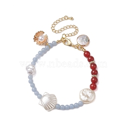 4mm Round Natural Angelite and 6mm Round Carnelian Beaded Bracelets, Summer Beach Shell shaped ABS Plastic Imitation Pearl Charm Bracelets for Women, Golden, 7-5/8 inch(19.4cm)(BJEW-JB10541)