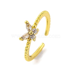 Butterfly Brass Glass Open Cuff Ring for Women, Real 18K Gold Plated, 6mm(RJEW-U003-20G)